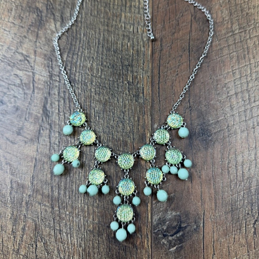 Mint Green Pave Crystal Chandelier Bib Necklace Waterfall Beads Silver